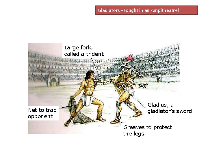Gladiators –Fought in an Ampitheatre! Large fork, called a trident Net to trap opponent