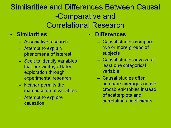 Similarities and Differences Between Causal -Comparative and Correlational Research • Similarities – Associative research