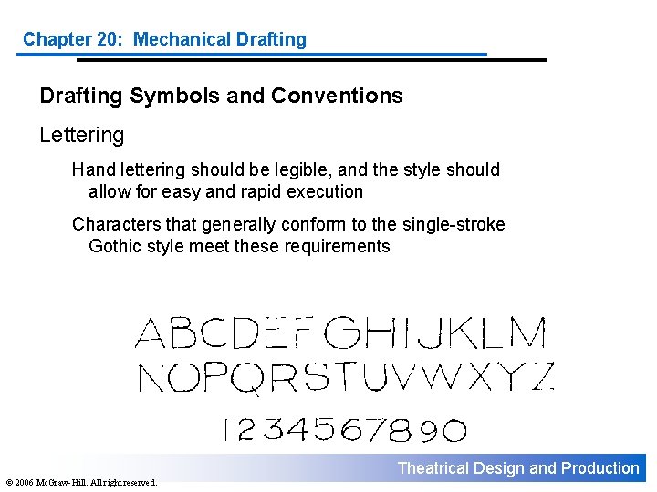 Chapter 20: Mechanical Drafting Symbols and Conventions Lettering Hand lettering should be legible, and