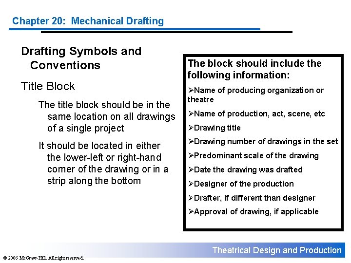 Chapter 20: Mechanical Drafting Symbols and Conventions Title Block The title block should be