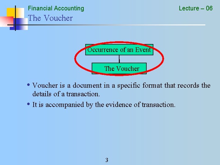 Financial Accounting Lecture – 06 The Voucher Occurrence of an Event The Voucher •
