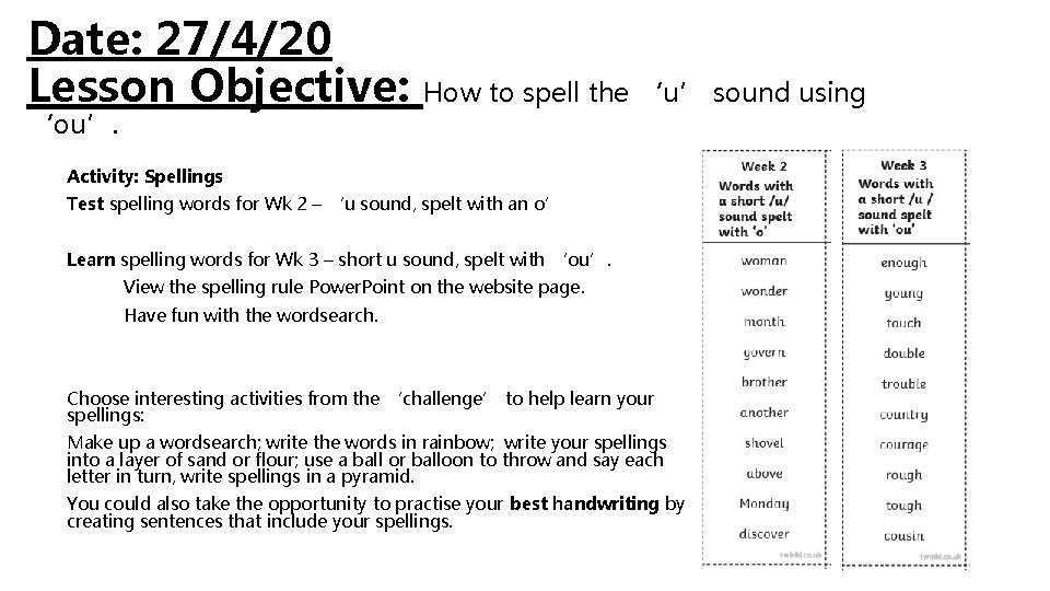 Date: 27/4/20 Lesson Objective: ‘ou’. How to spell the ‘u’ sound using Activity: Spellings