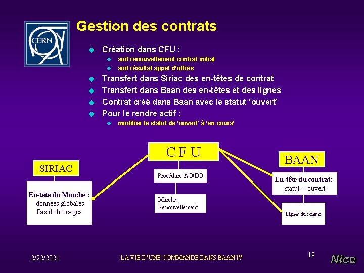 Gestion des contrats u Création dans CFU : u u u soit renouvellement contrat