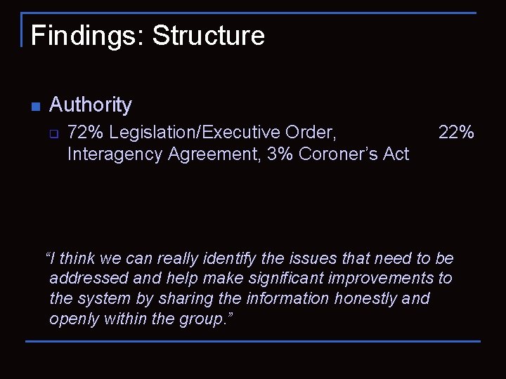 Findings: Structure n Authority q 72% Legislation/Executive Order, Interagency Agreement, 3% Coroner’s Act 22%