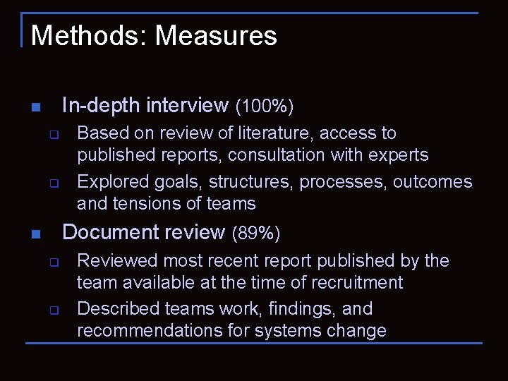 Methods: Measures In-depth interview (100%) n q q Based on review of literature, access