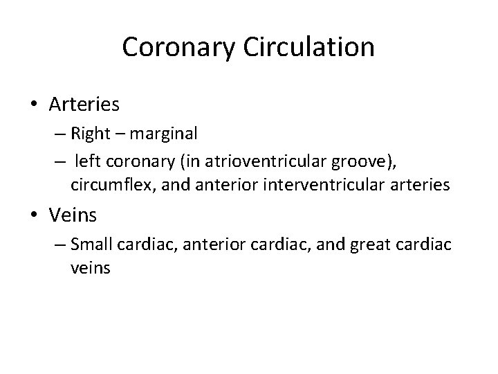 Coronary Circulation • Arteries – Right – marginal – left coronary (in atrioventricular groove),