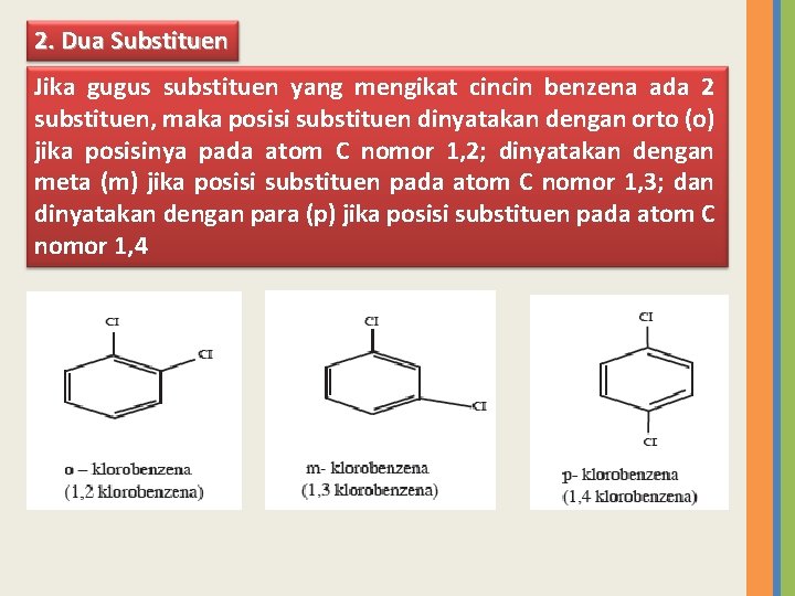 2. Dua Substituen Jika gugus substituen yang mengikat cincin benzena ada 2 substituen, maka