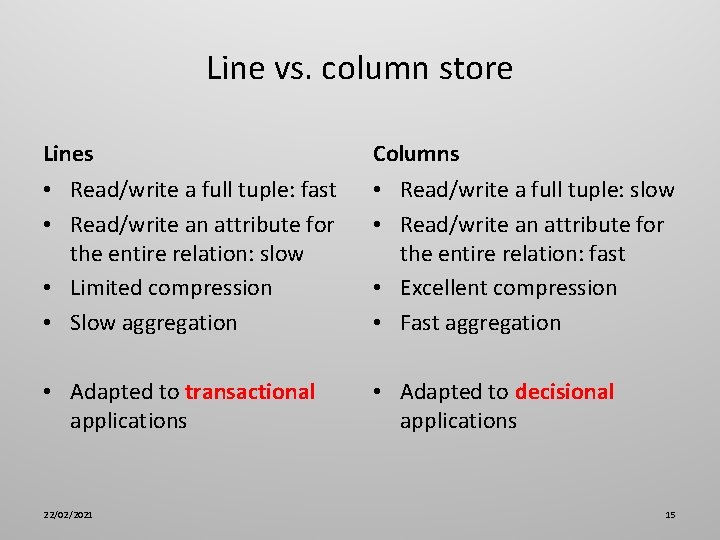 Line vs. column store Lines Columns • Read/write a full tuple: fast • Read/write