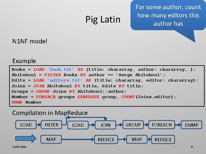 Pig Latin For some author, count how many editors this author has N 1