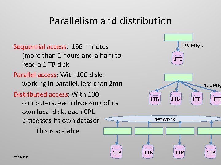 Parallelism and distribution Sequential access: 166 minutes (more than 2 hours and a half)