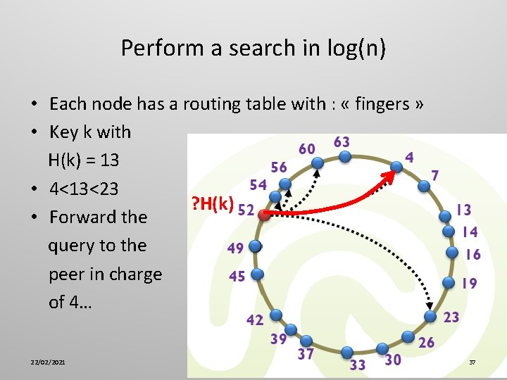 Perform a search in log(n) • Each node has a routing table with :