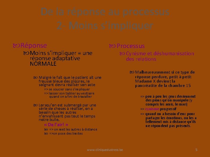 De la réponse au processus 2 - Moins s’impliquer Réponse Moins s’impliquer = une