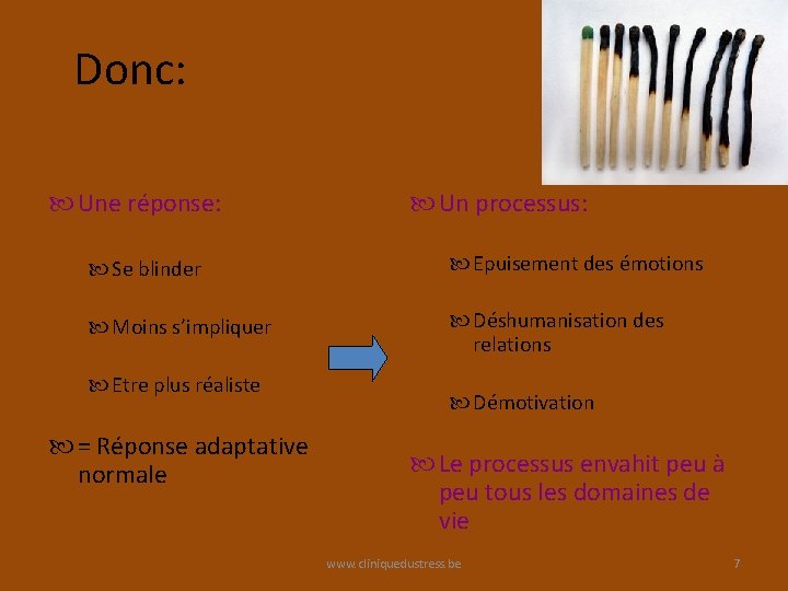 Donc: Une réponse: Un processus: Se blinder Epuisement des émotions Moins s’impliquer Déshumanisation des