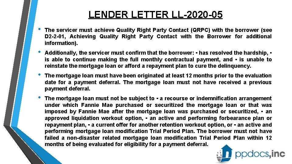 LENDER LETTER LL-2020 -05 • The servicer must achieve Quality Right Party Contact (QRPC)