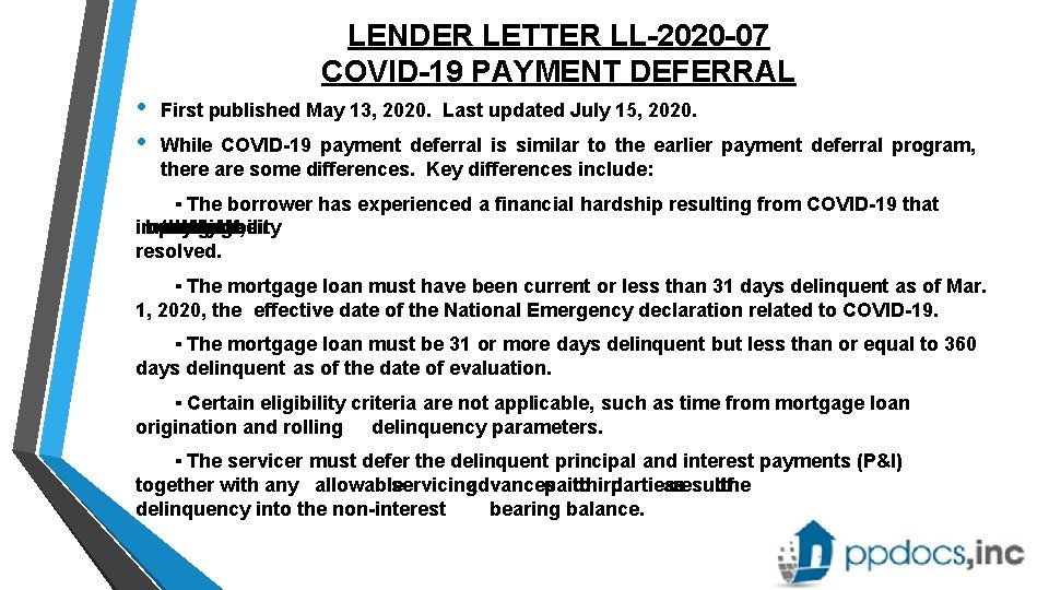 LENDER LETTER LL-2020 -07 COVID-19 PAYMENT DEFERRAL • • First published May 13, 2020.