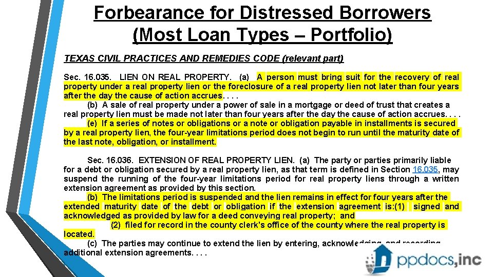 Forbearance for Distressed Borrowers (Most Loan Types – Portfolio) TEXAS CIVIL PRACTICES AND REMEDIES