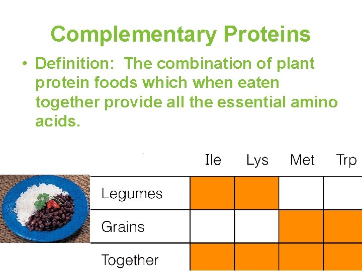Complementary Proteins • Definition: The combination of plant protein foods which when eaten together