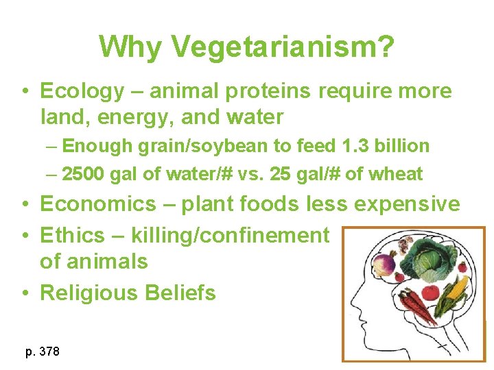 Why Vegetarianism? • Ecology – animal proteins require more land, energy, and water –