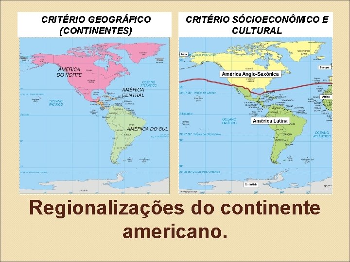 CRITÉRIO GEOGRÁFICO (CONTINENTES) CRITÉRIO SÓCIOECONÔMICO E CULTURAL Regionalizações do continente americano. 