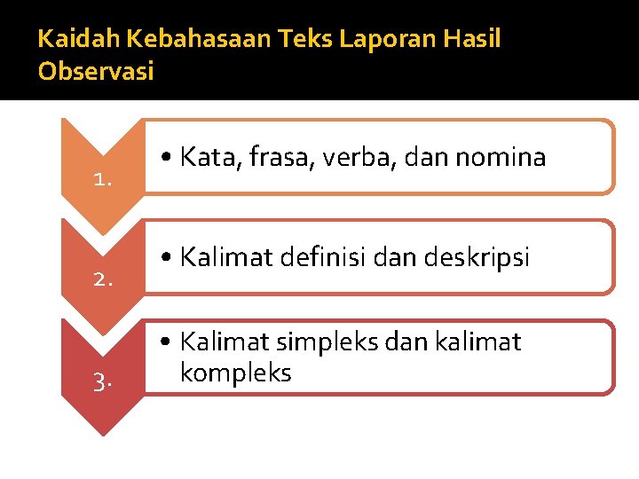 Kaidah Kebahasaan Teks Laporan Hasil Observasi 1. 2. 3. • Kata, frasa, verba, dan