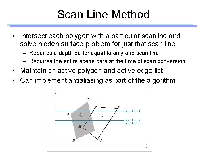 Scan Line Method • Intersect each polygon with a particular scanline and solve hidden