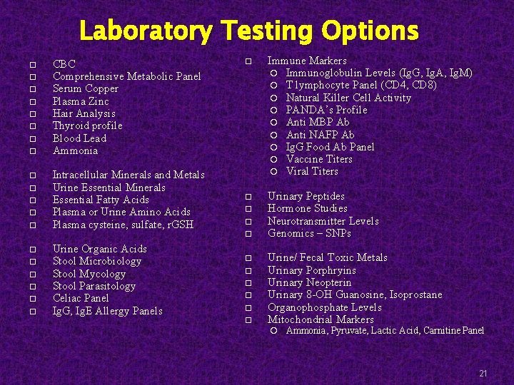 Laboratory Testing Options CBC Comprehensive Metabolic Panel Serum Copper Plasma Zinc Hair Analysis Thyroid