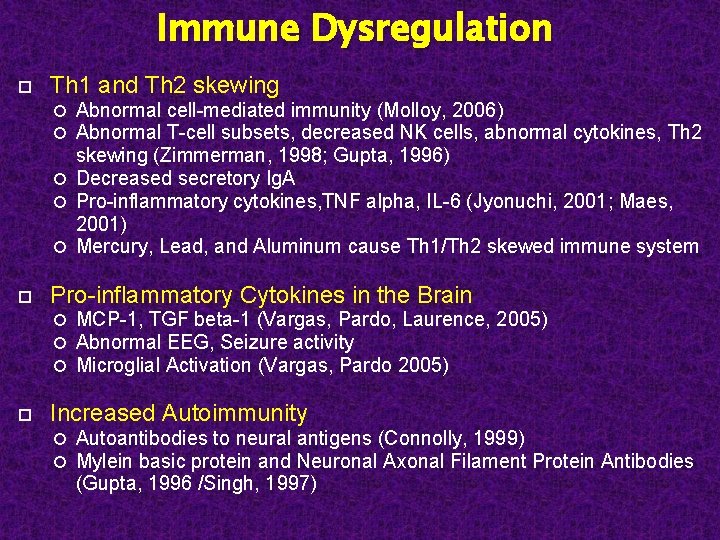 Immune Dysregulation Th 1 and Th 2 skewing Abnormal cell-mediated immunity (Molloy, 2006) Abnormal