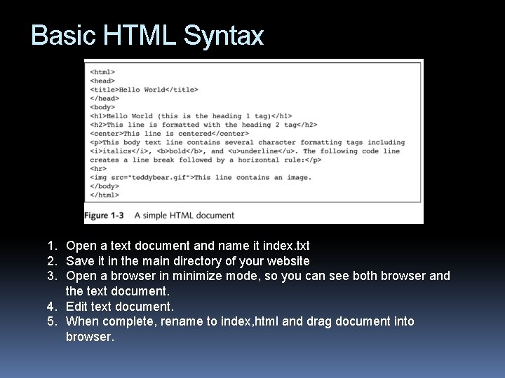 Basic HTML Syntax 1. Open a text document and name it index. txt 2.