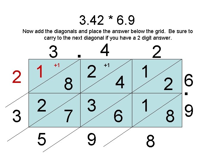 3. 42 * 6. 9 Now add the diagonals and place the answer below