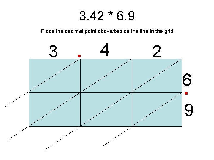 3. 42 * 6. 9 Place the decimal point above/beside the line in the