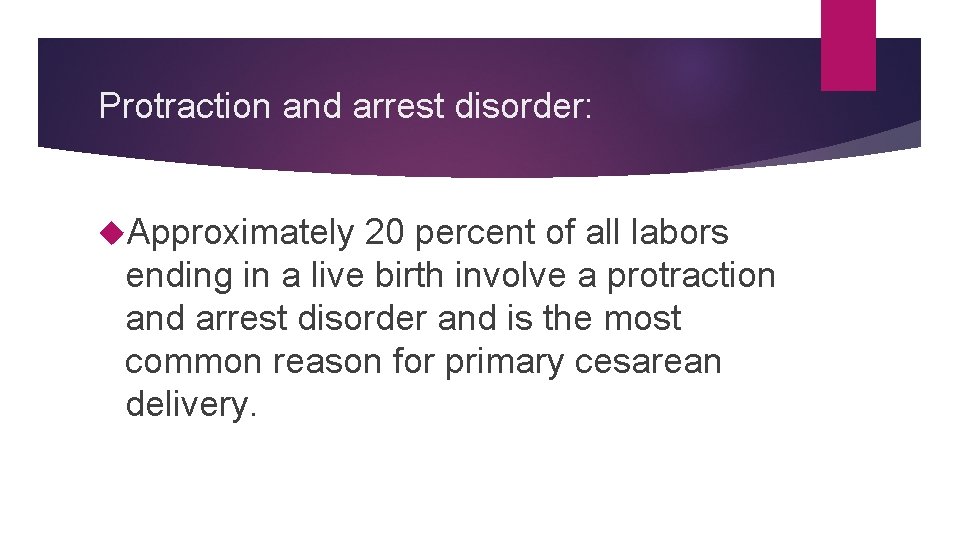 Protraction and arrest disorder: Approximately 20 percent of all labors ending in a live