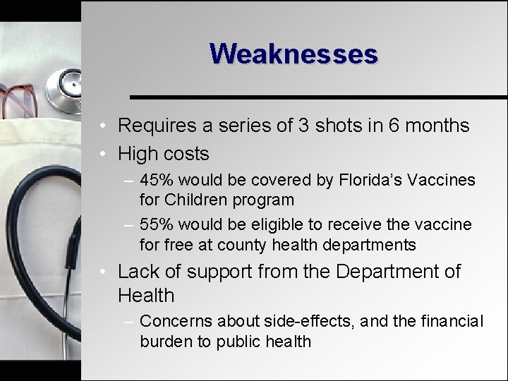 Weaknesses • Requires a series of 3 shots in 6 months • High costs