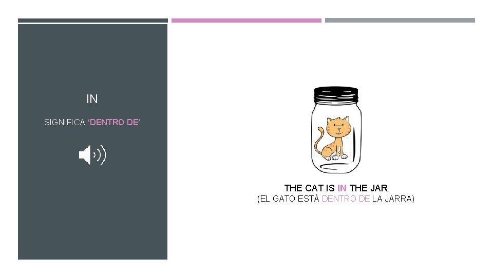 IN SIGNIFICA ‘DENTRO DE’ THE CAT IS IN THE JAR (EL GATO ESTÁ DENTRO
