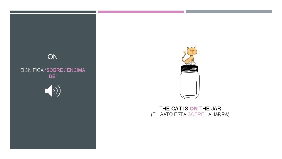 ON SIGNIFICA ‘SOBRE / ENCIMA DE’ THE CAT IS ON THE JAR (EL GATO
