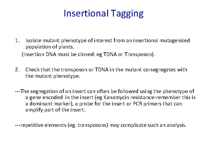 Insertional Tagging 1. Isolate mutant phenotype of interest from an insertional mutagenized population of