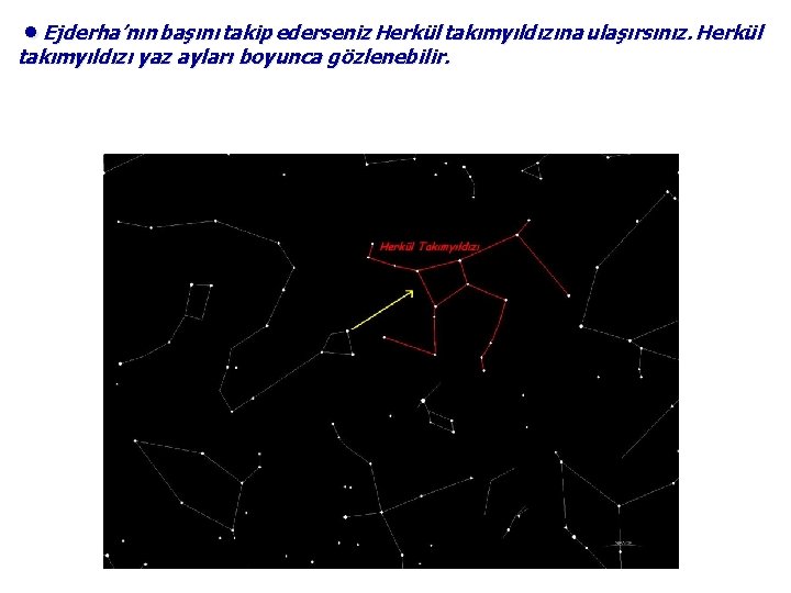 ●Ejderha’nın başını takip ederseniz Herkül takımyıldızına ulaşırsınız. Herkül takımyıldızı yaz ayları boyunca gözlenebilir. 
