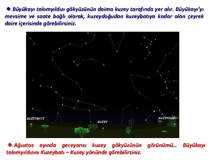 ●Büyükayı takımyıldızı gökyüzünün daima kuzey tarafında yer alır. Büyükayı’yı mevsime ve saate bağlı olarak,