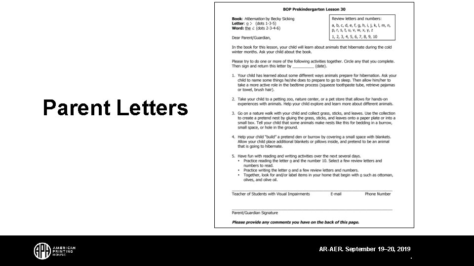 Parent Letters AR-AER. September 19– 20, 2019. 