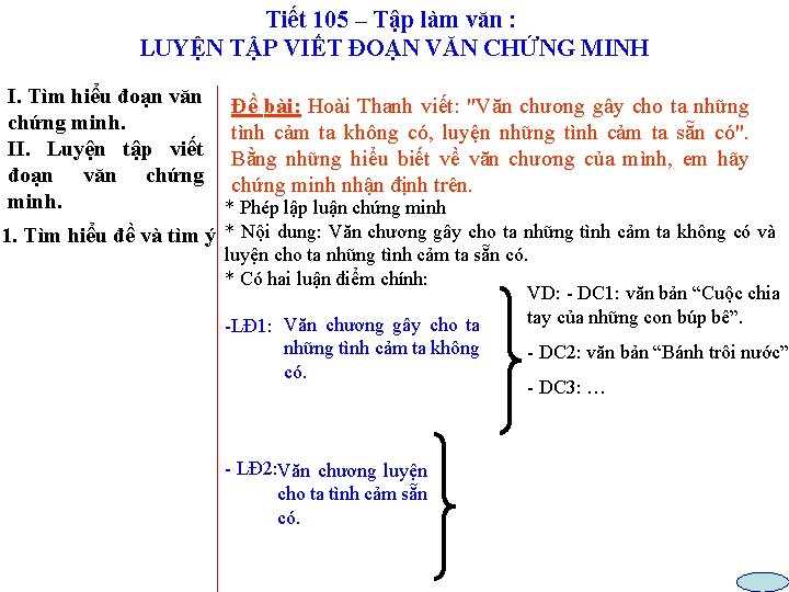 Tiết 105 – Tập làm văn : LUYỆN TẬP VIẾT ĐOẠN VĂN CHỨNG MINH