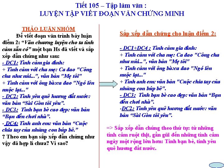 Tiết 105 – Tập làm văn : LUYỆN TẬP VIẾT ĐOẠN VĂN CHỨNG MINH