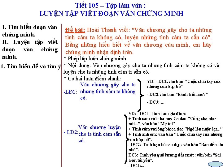 Tiết 105 – Tập làm văn : LUYỆN TẬP VIẾT ĐOẠN VĂN CHỨNG MINH