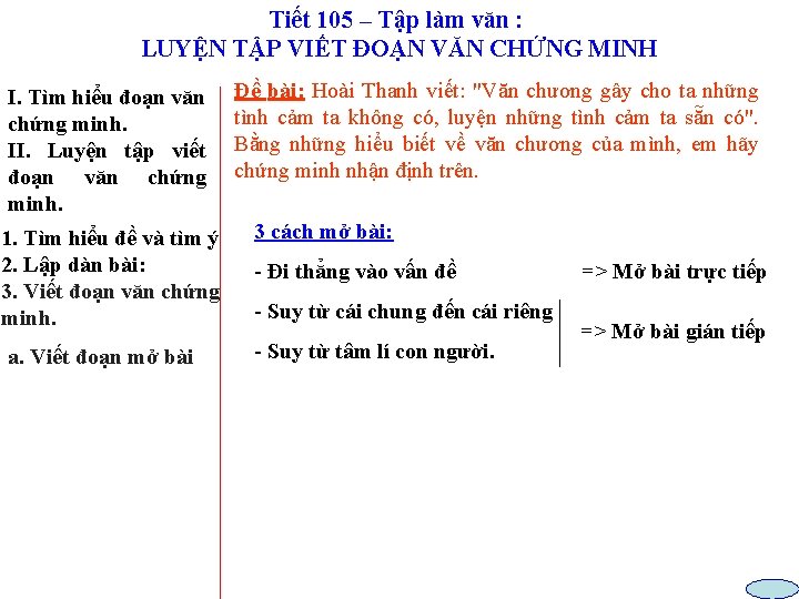 Tiết 105 – Tập làm văn : LUYỆN TẬP VIẾT ĐOẠN VĂN CHỨNG MINH