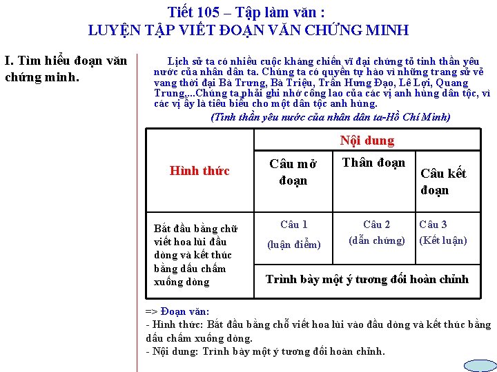 Tiết 105 – Tập làm văn : LUYỆN TẬP VIẾT ĐOẠN VĂN CHỨNG MINH