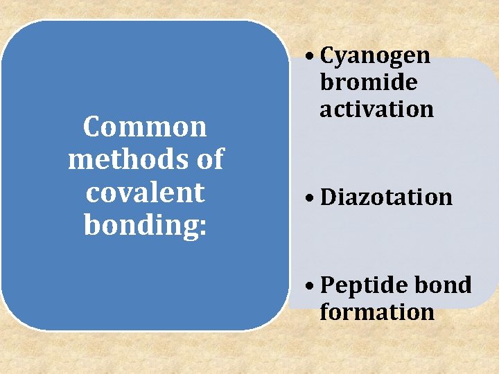 Common methods of covalent bonding: • Cyanogen bromide activation • Diazotation • Peptide bond