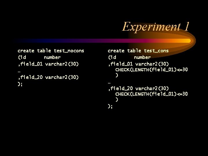 Experiment 1 create table test_nocons (id number , field_01 varchar 2(30) … , field_20