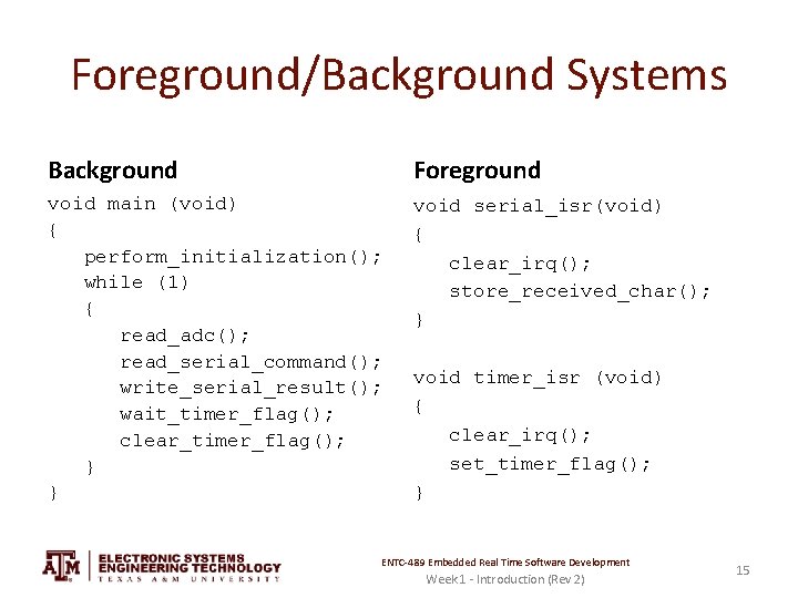 Foreground/Background Systems Background Foreground void main (void) { perform_initialization(); while (1) { read_adc(); read_serial_command();
