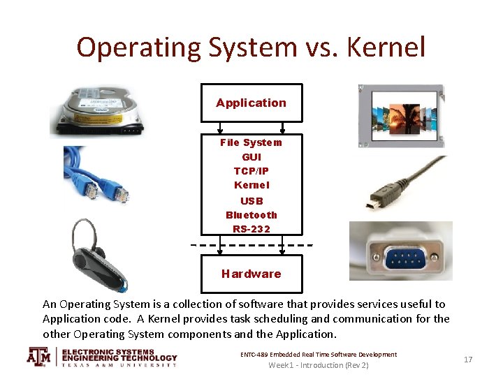 Operating System vs. Kernel Application File System GUI TCP/IP Kernel USB Bluetooth RS-232 Hardware
