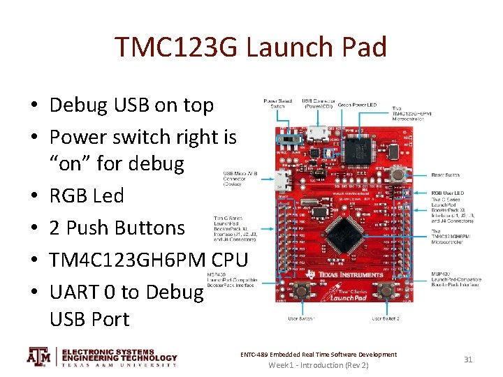 TMC 123 G Launch Pad • Debug USB on top • Power switch right