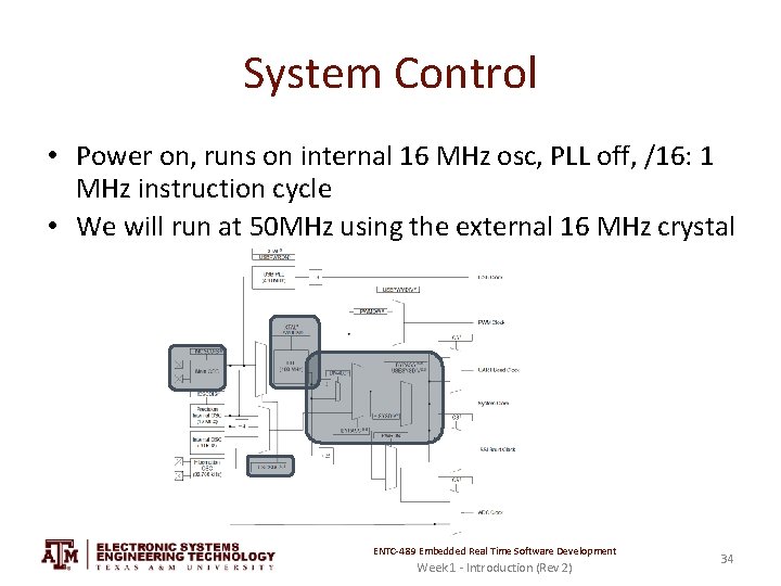 System Control • Power on, runs on internal 16 MHz osc, PLL off, /16: