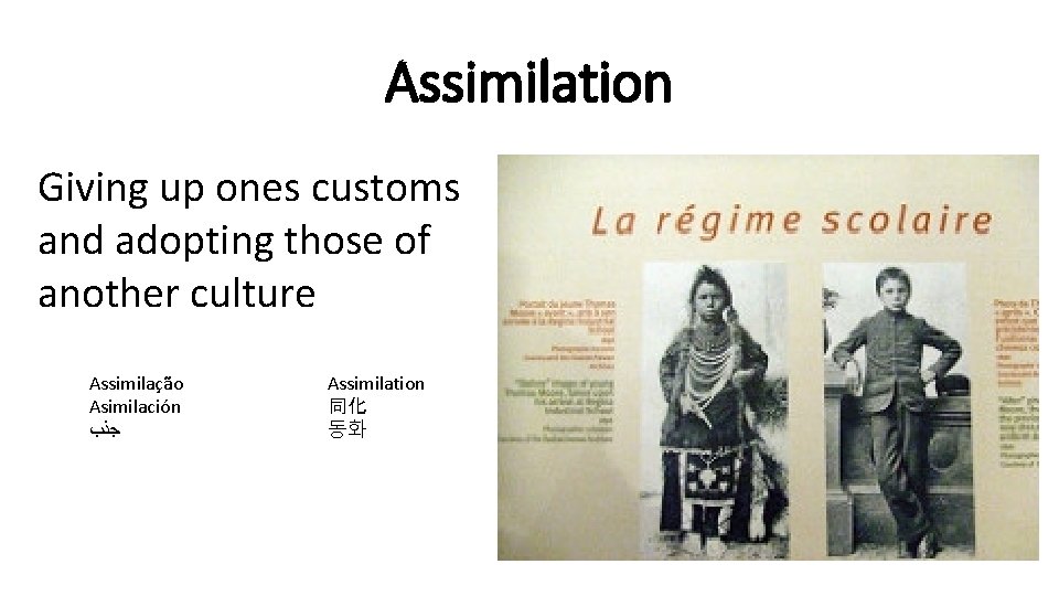 Assimilation Giving up ones customs and adopting those of another culture Assimilação Asimilación ﺟﺬﺏ